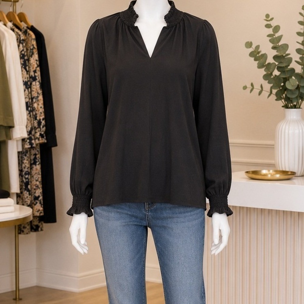 J. Jill Womens Top Black Smocked V-Neck Long Sleeve Knit Shirt XL